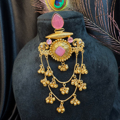 Royal Kashmiri Stone Studded Brass Earrings with Multi-Chain Ghungroo Design