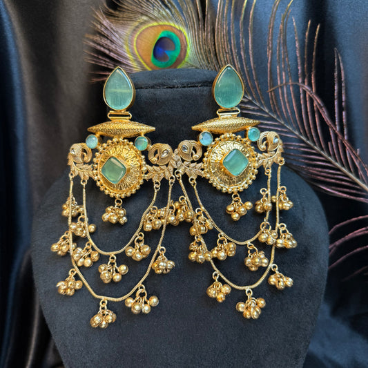 Royal Kashmiri Stone Studded Brass Earrings with Multi-Chain Ghungroo Design