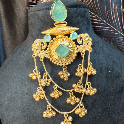 Royal Kashmiri Stone Studded Brass Earrings with Multi-Chain Ghungroo Design