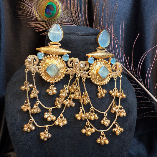 Royal Kashmiri Stone Studded Brass Earrings with Multi-Chain Ghungroo Design