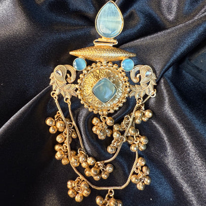 Royal Kashmiri Stone Studded Brass Earrings with Multi-Chain Ghungroo Design