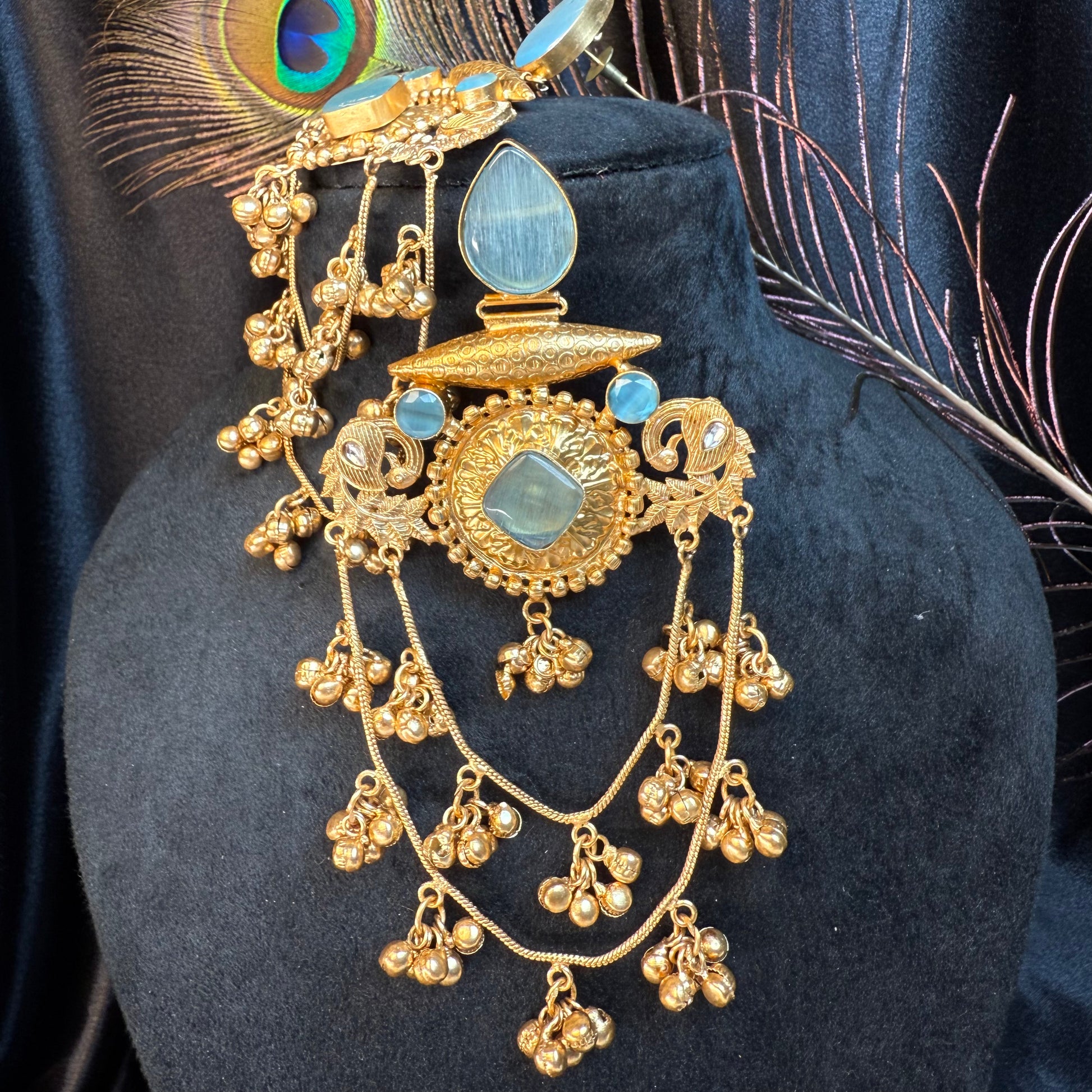 Royal Kashmiri Stone Studded Brass Earrings with Multi-Chain Ghungroo Design