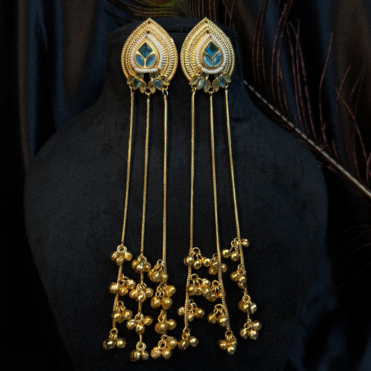 Kashmiri Long Chain Brass Earrings with Ghungroo Blue & Gold