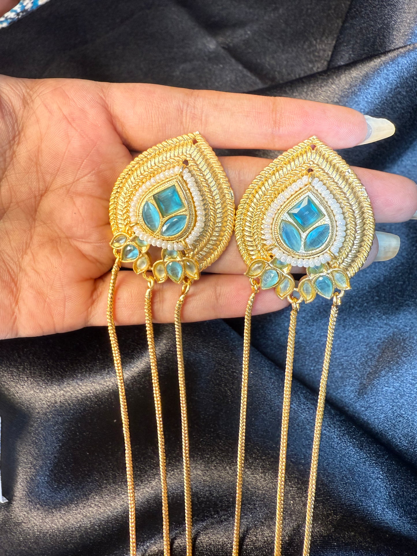 Kashmiri Long Chain Brass Earrings with Ghungroo Blue & Gold