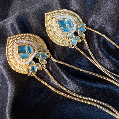 Kashmiri Long Chain Brass Earrings with Ghungroo Blue & Gold