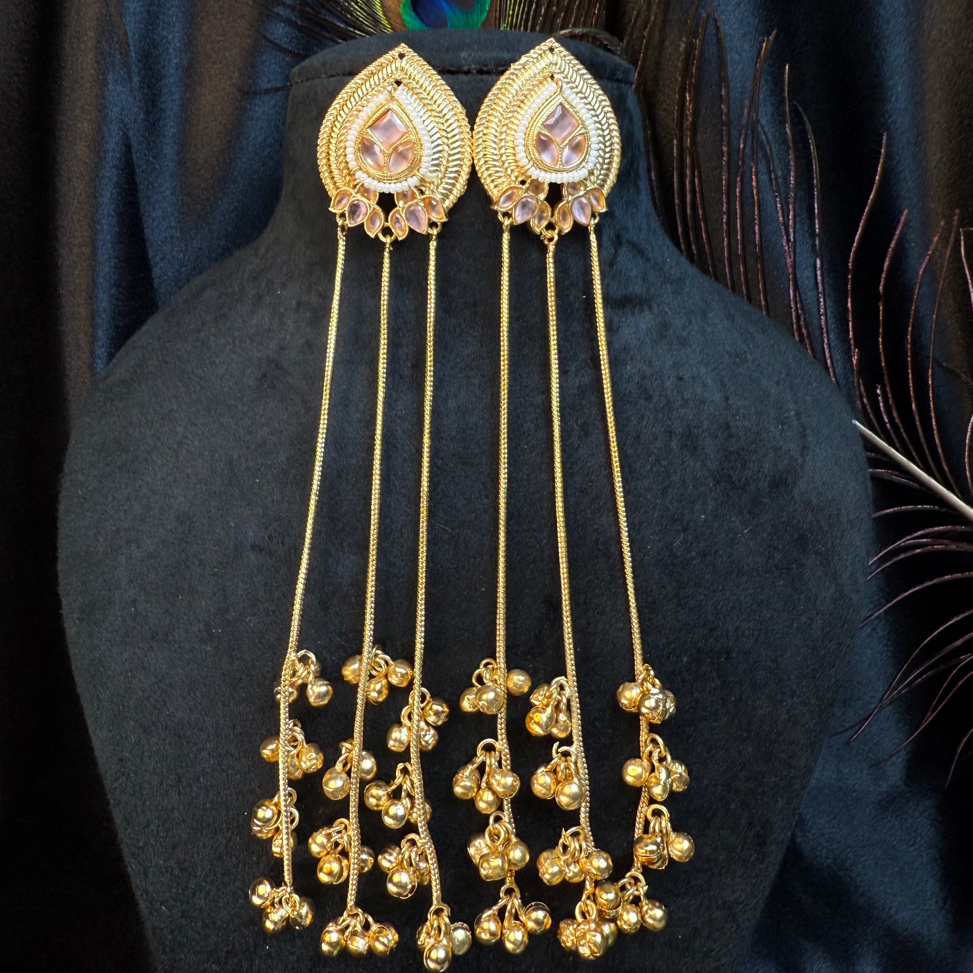 Kashmiri Long Chain Brass Earrings with Ghungroo Pink & Gold