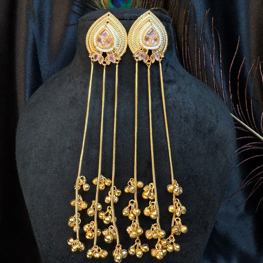 Kashmiri Long Chain Brass Earrings with Ghungroo Pink & Gold