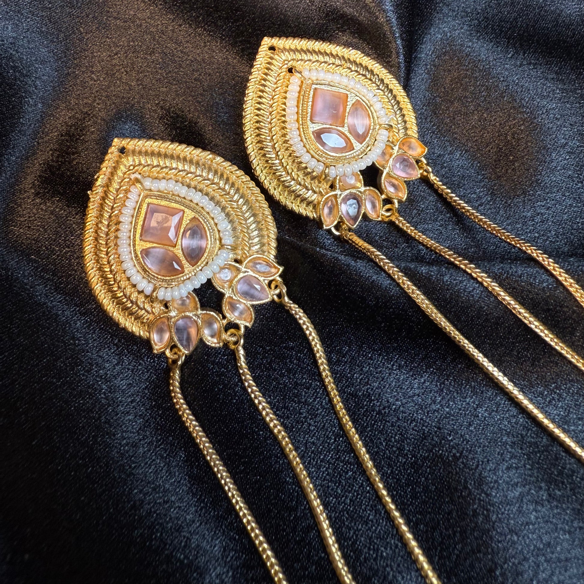 Kashmiri Long Chain Brass Earrings with Ghungroo Pink & Gold