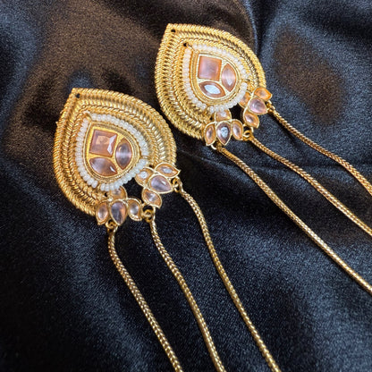 Kashmiri Long Chain Brass Earrings with Ghungroo Pink & Gold