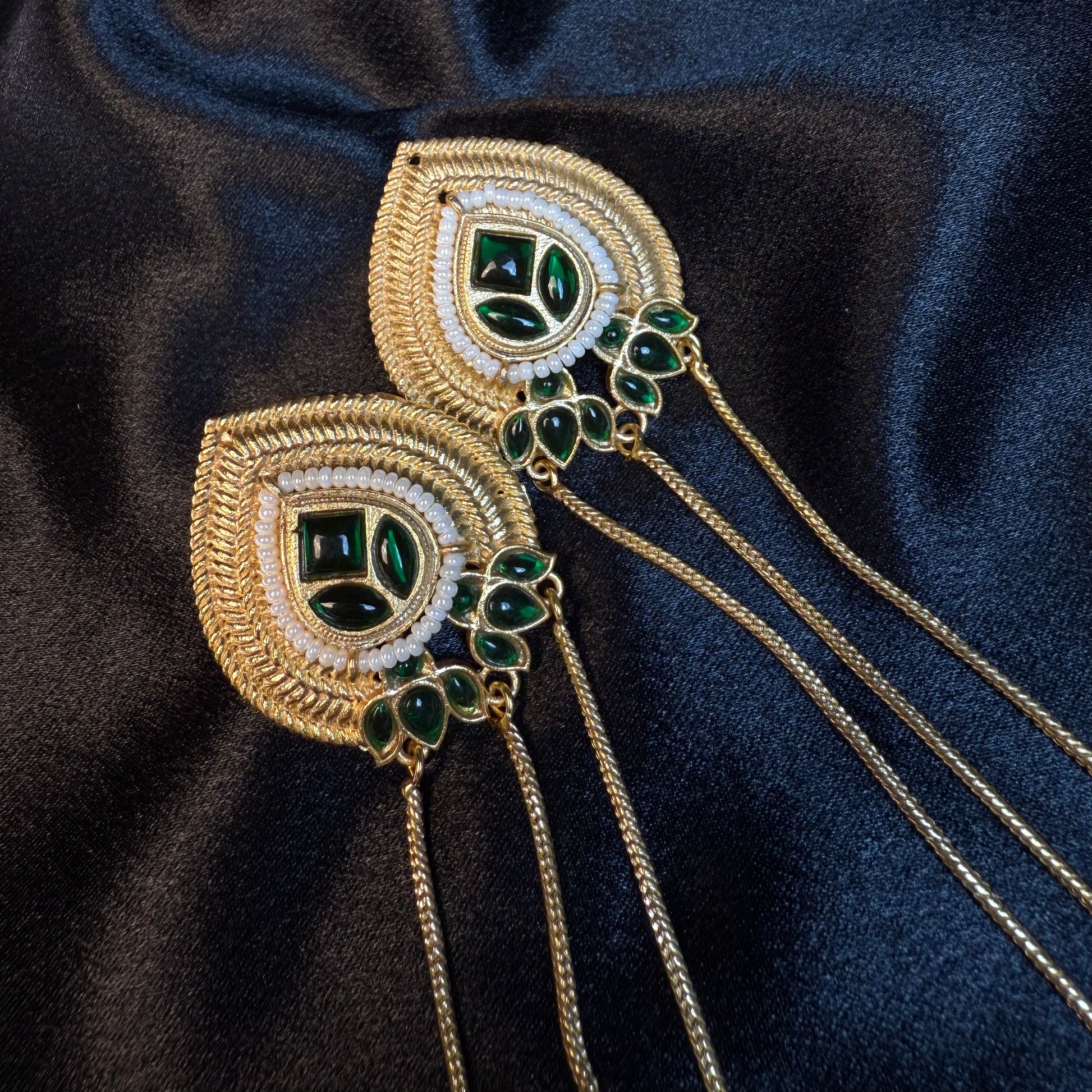 Kashmiri Long Chain Brass Earrings with Ghungroo Green & Gold