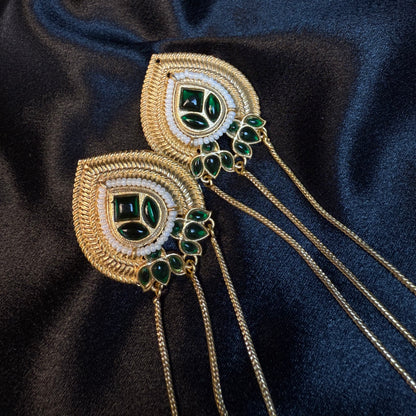 Kashmiri Long Chain Brass Earrings with Ghungroo Green & Gold