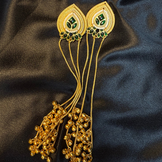 Kashmiri Long Chain Brass Earrings with Ghungroo Green & Gold