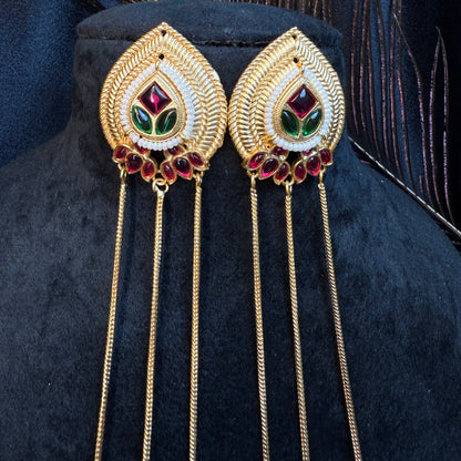 Kashmiri Long Chain Brass Earrings with Ghungroo Red & Green
