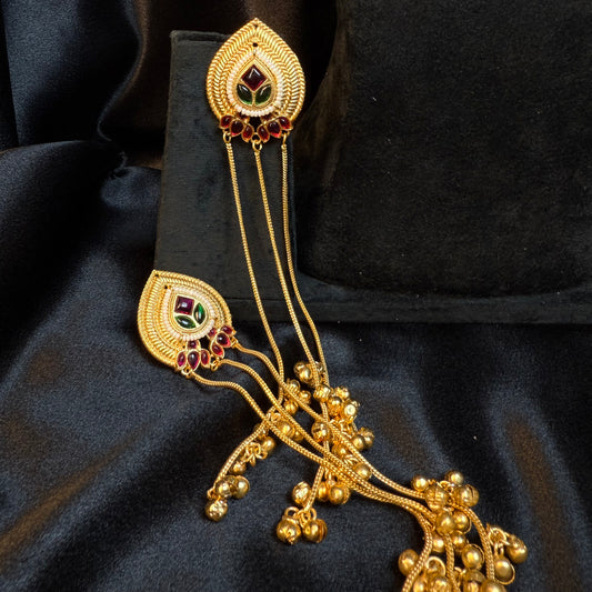Kashmiri Long Chain Brass Earrings with Ghungroo Red & Green
