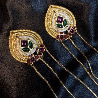 Kashmiri Long Chain Brass Earrings with Ghungroo Red & Green