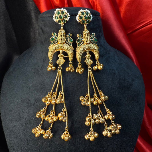 Kashmiri Long Jhumka Earrings Green