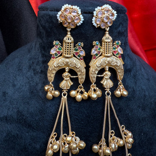 Kashmiri Long Jhumka Earrings Green Sky Multicolor