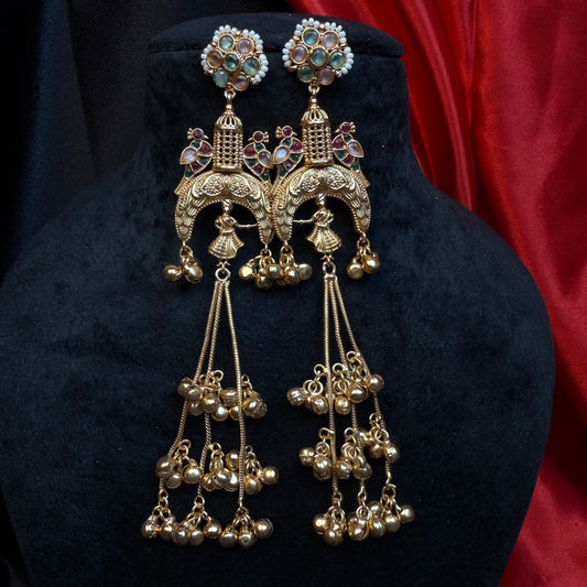 Kashmiri Long Jhumka Earrings Green Multicolor