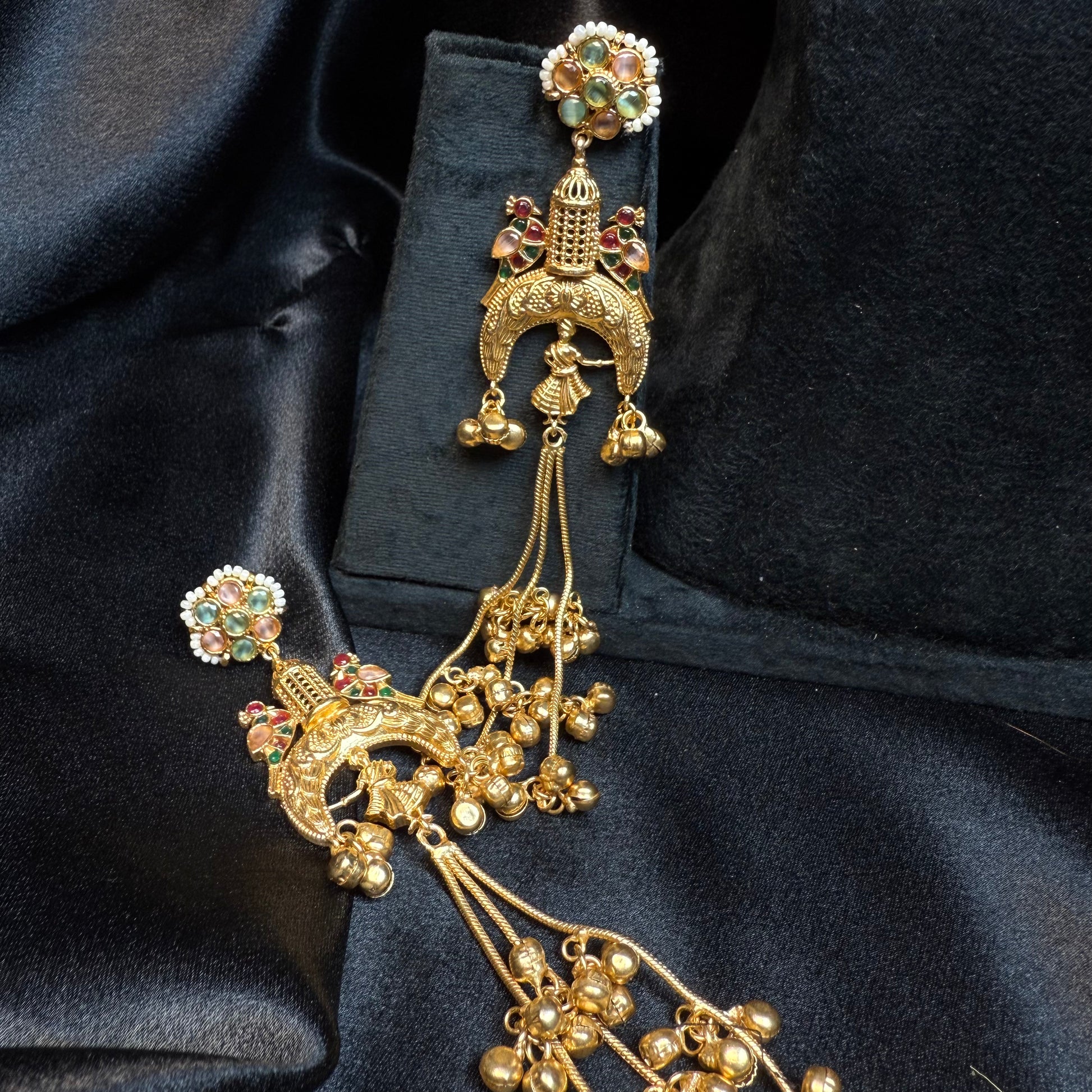 Kashmiri Long Jhumka Earrings Green Multicolor