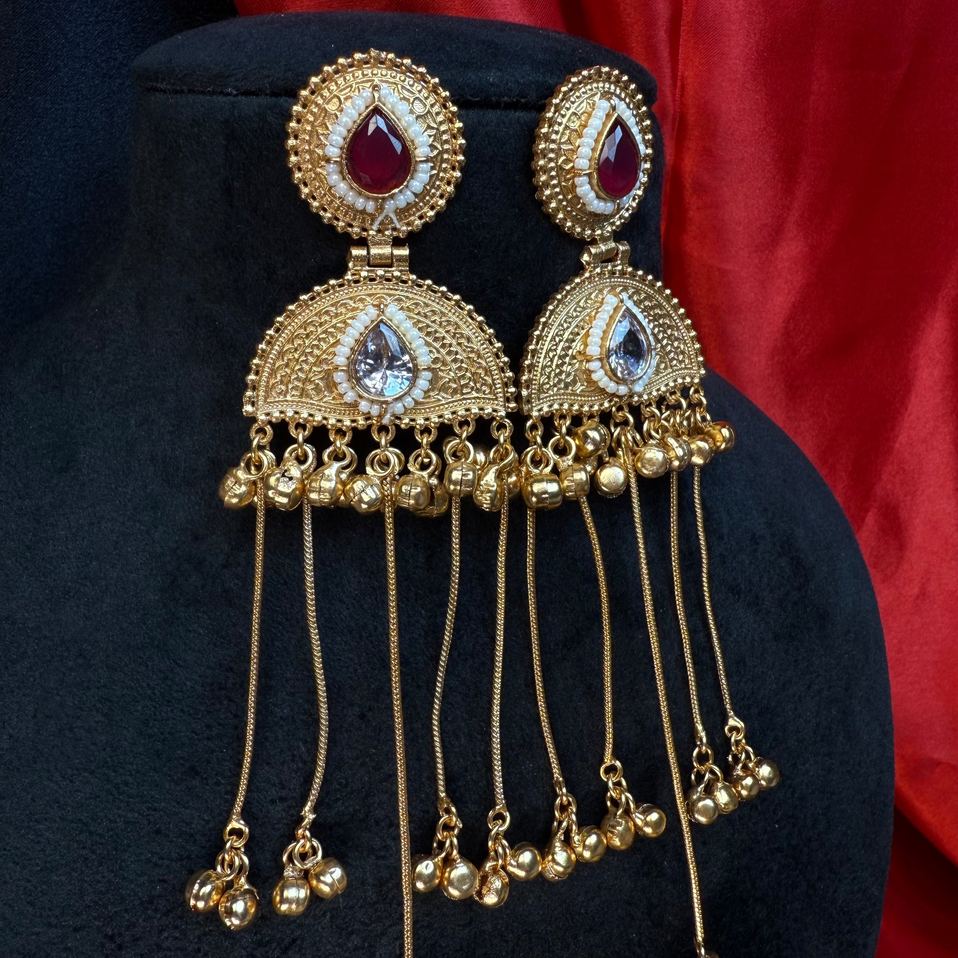 Kashmiri Pearl Drop Long Jhumka Earrings Maroon