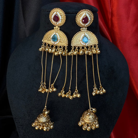 Kashmiri Pearl Drop Long Jhumka Earrings Maroon & Blue