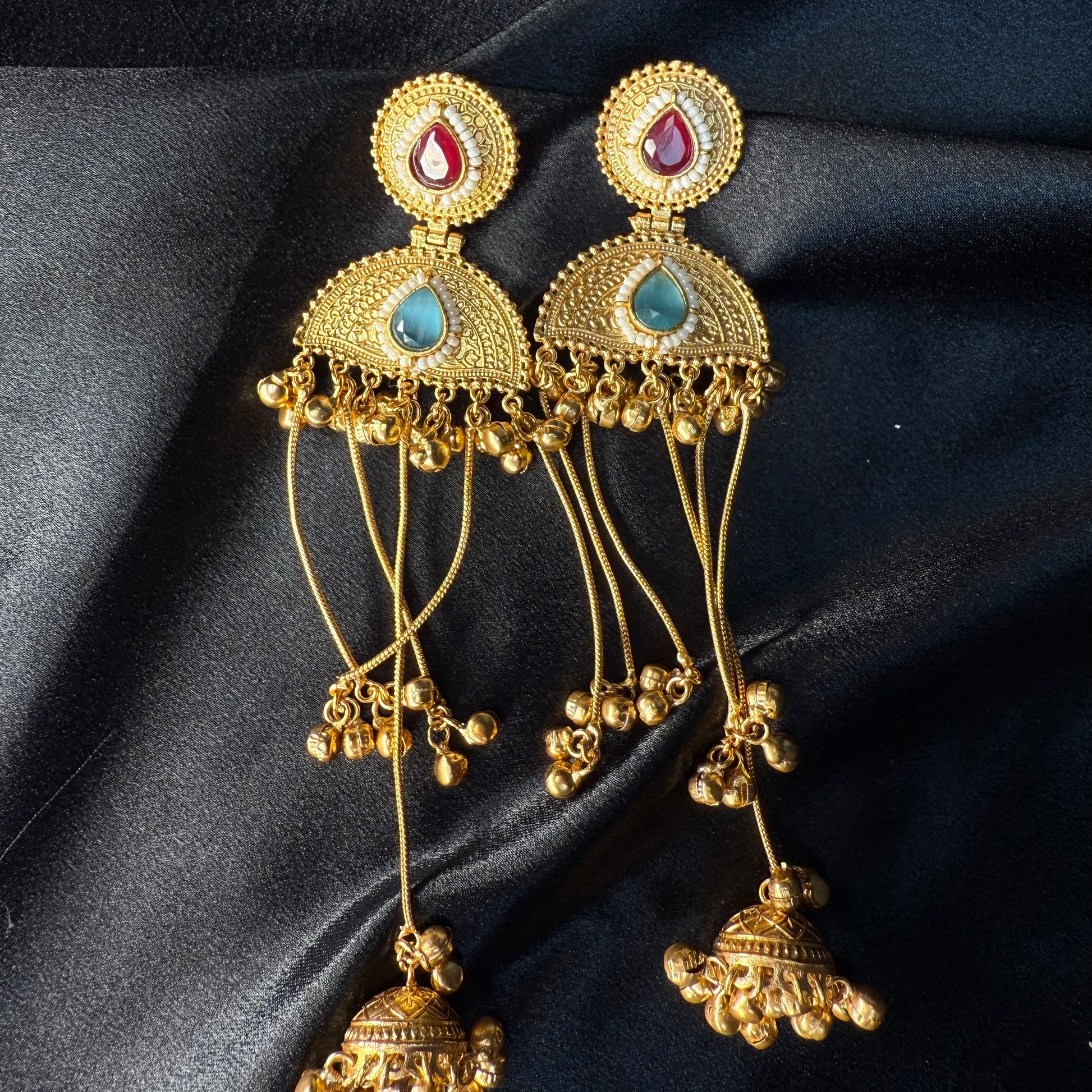 Kashmiri Pearl Drop Long Jhumka Earrings Maroon & Blue