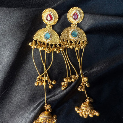 Kashmiri Pearl Drop Long Jhumka Earrings Maroon & Blue