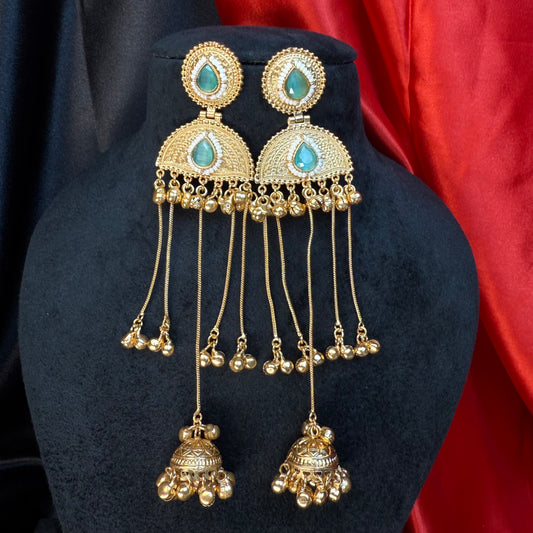 Kashmiri Pearl Drop Long Jhumka Earrings Blue