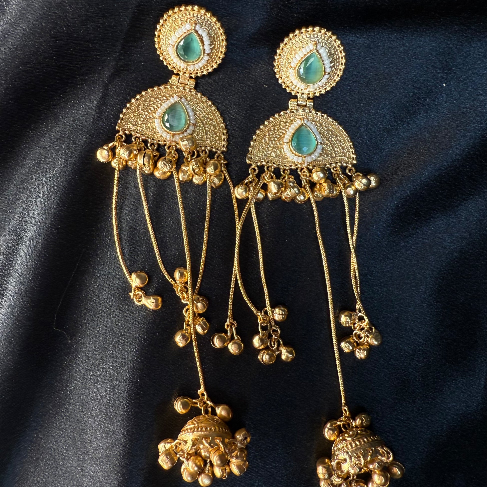 Kashmiri Pearl Drop Long Jhumka Earrings Blue