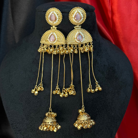 Kashmiri Pearl Drop Long Jhumka Earrings Peach