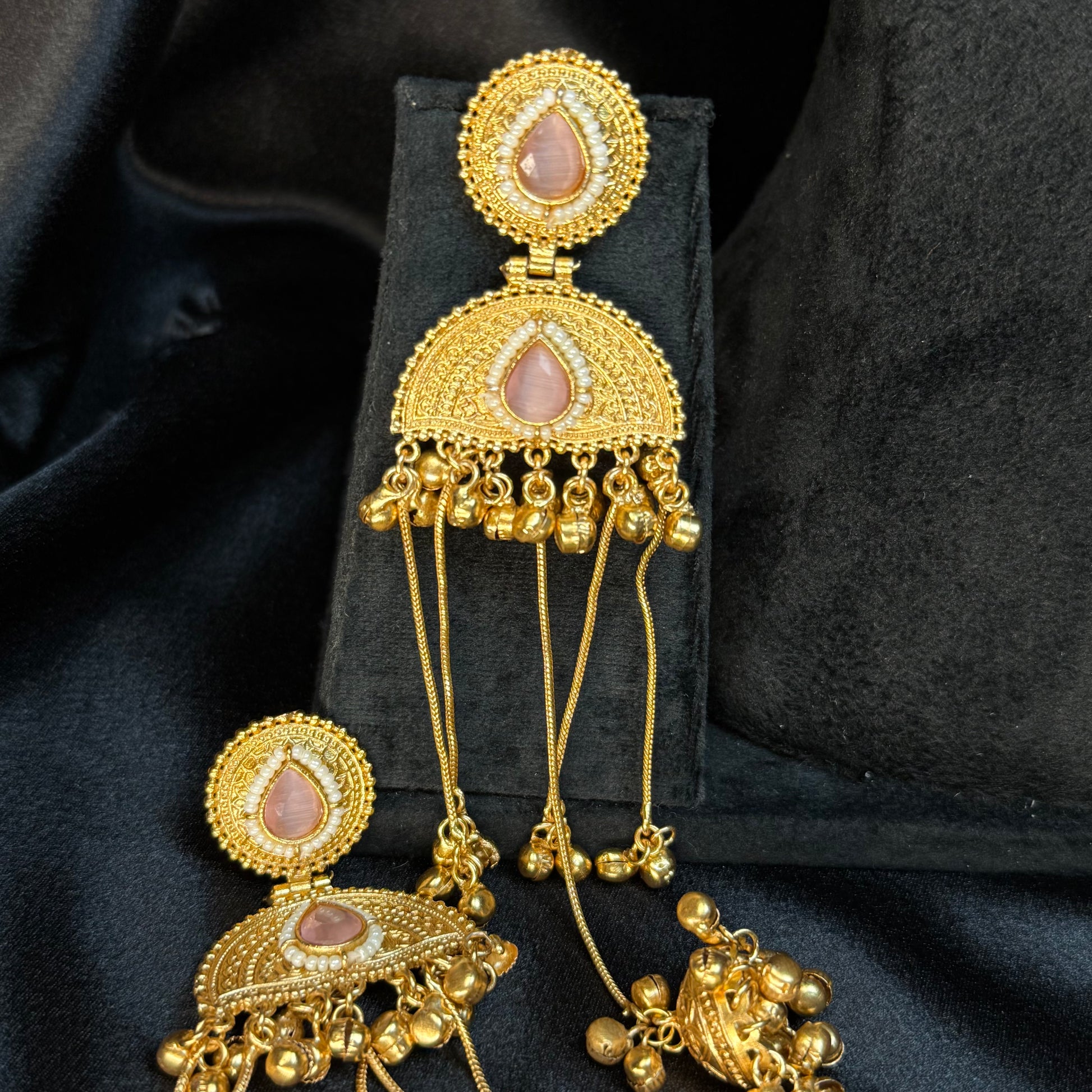 Kashmiri Pearl Drop Long Jhumka Earrings Peach