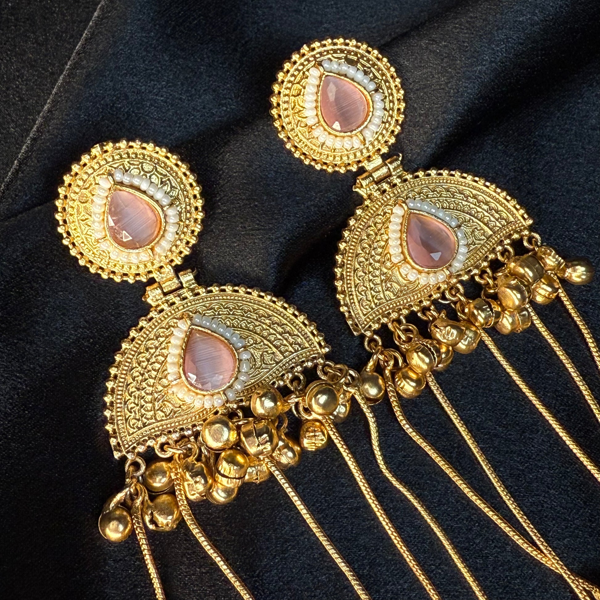 Kashmiri Pearl Drop Long Jhumka Earrings Peach