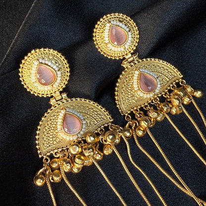 Kashmiri Pearl Drop Long Jhumka Earrings Peach