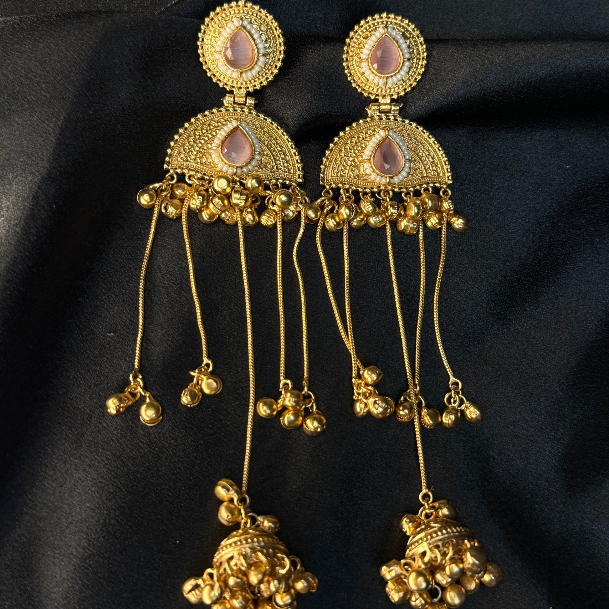 Kashmiri Pearl Drop Long Jhumka Earrings Peach