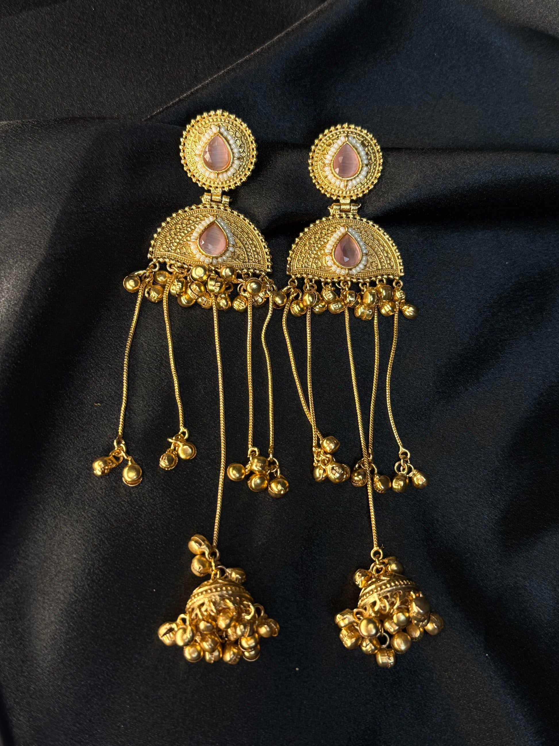 Kashmiri Pearl Drop Long Jhumka Earrings Peach