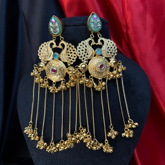Kashmiri Royal Peacock Long Earrings Sea Green