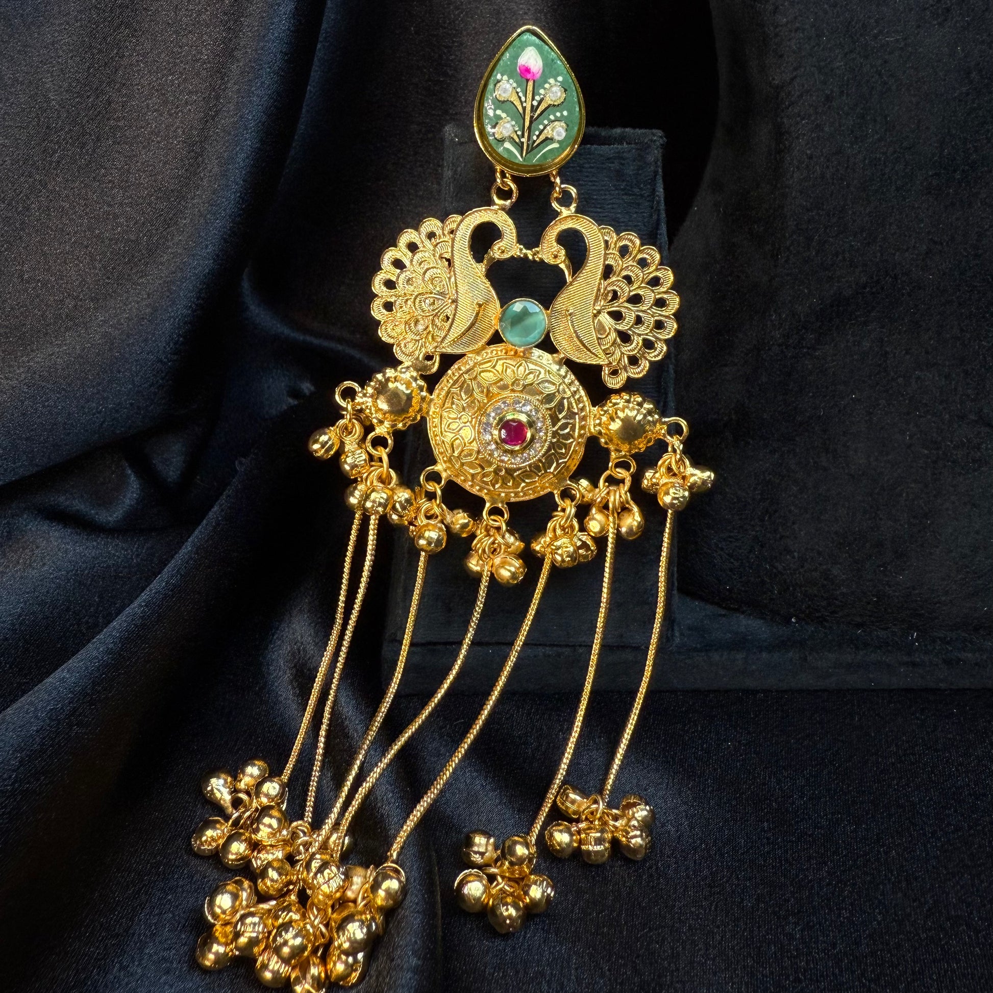Kashmiri Royal Peacock Long Earrings Sea Green