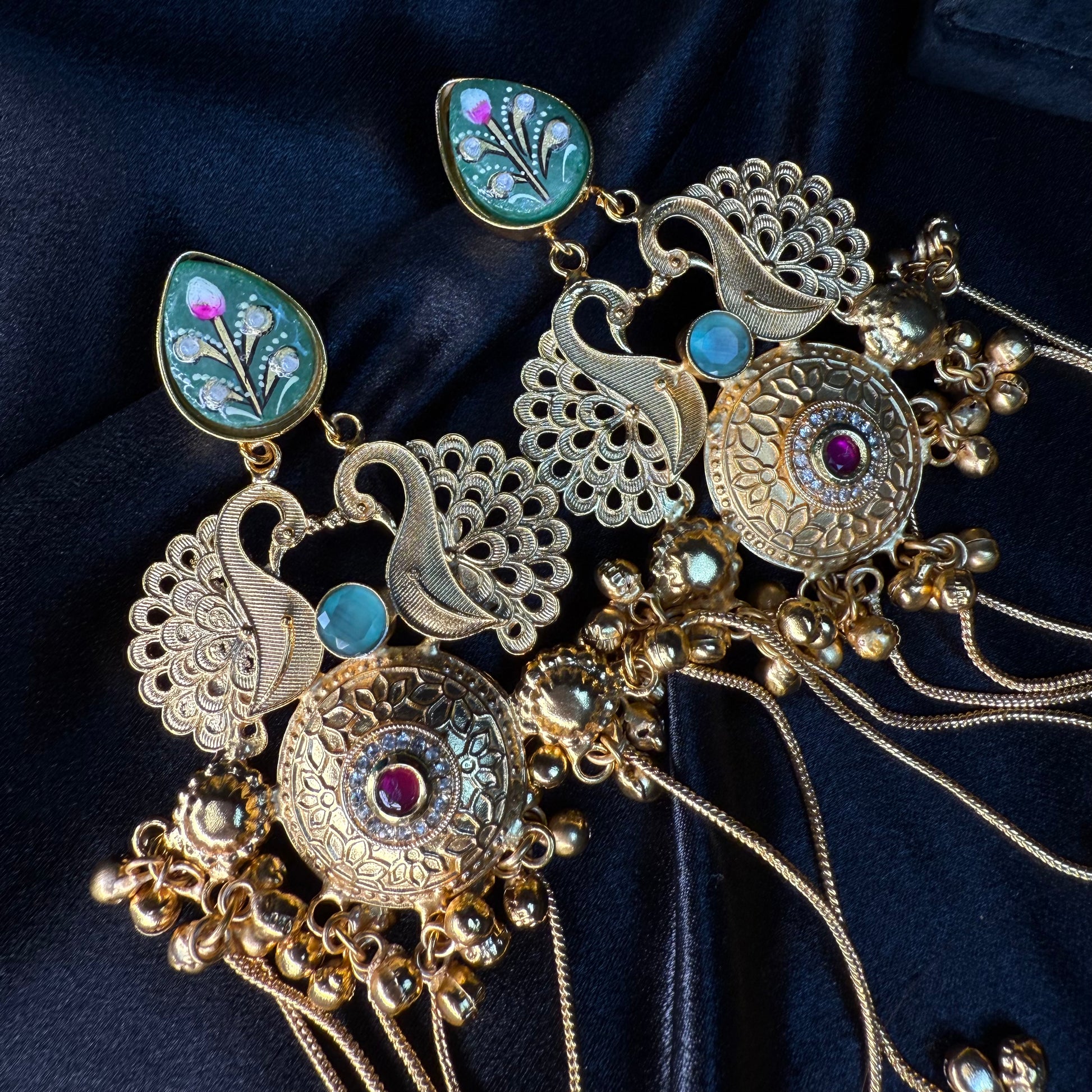 Kashmiri Royal Peacock Long Earrings Sea Green
