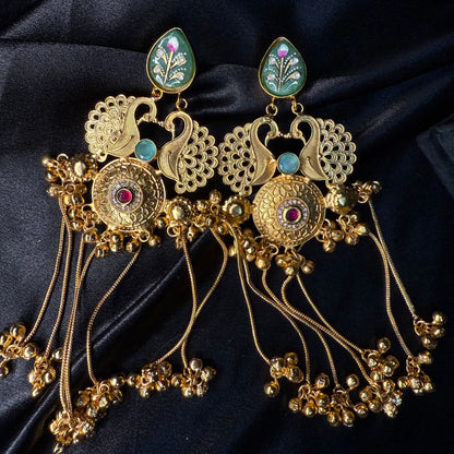 Kashmiri Royal Peacock Long Earrings Sea Green