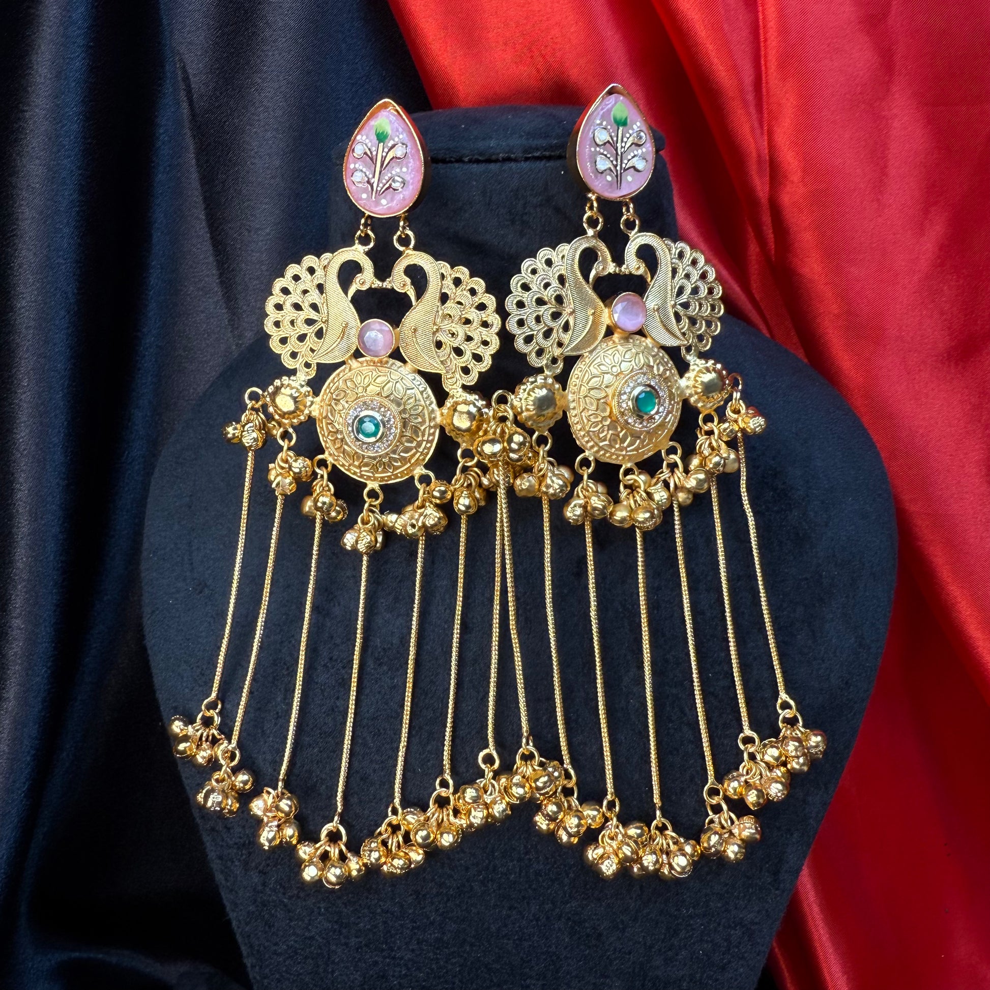 Kashmiri Royal Peacock Long Earrings Peach
