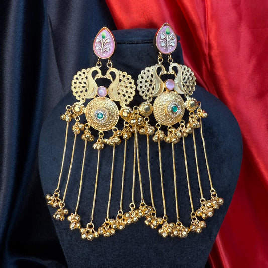 Kashmiri Royal Peacock Long Earrings Peach