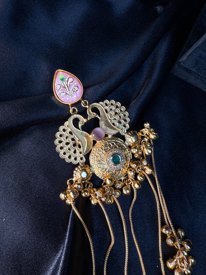 Kashmiri Royal Peacock Long Earrings Peach