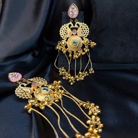 Kashmiri Royal Peacock Long Earrings Peach
