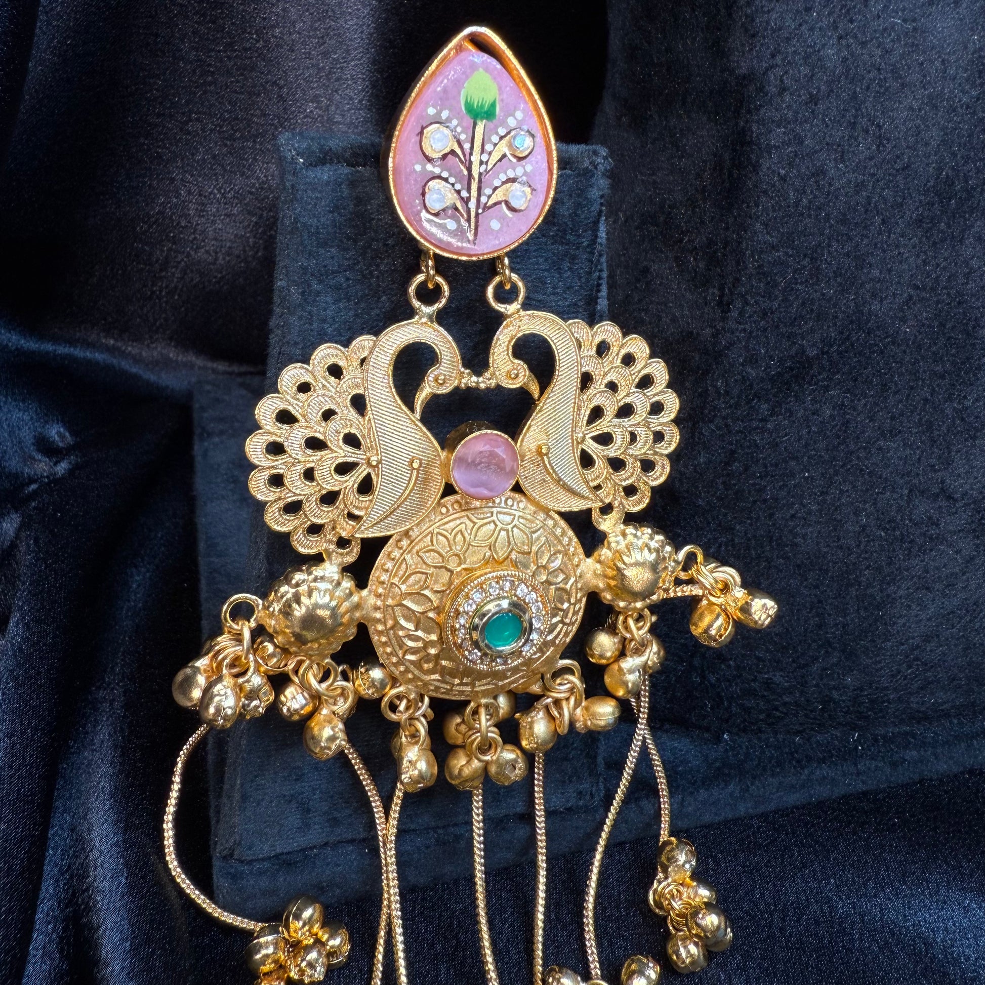 Kashmiri Royal Peacock Long Earrings Peach