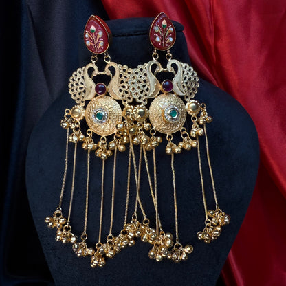 Kashmiri Royal Peacock Long Earrings Maroon