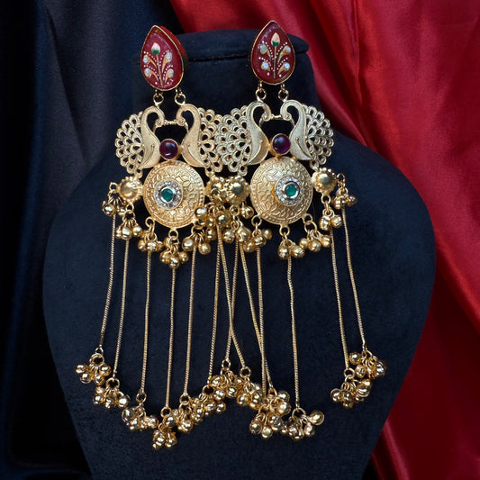 Kashmiri Royal Peacock Long Earrings Maroon