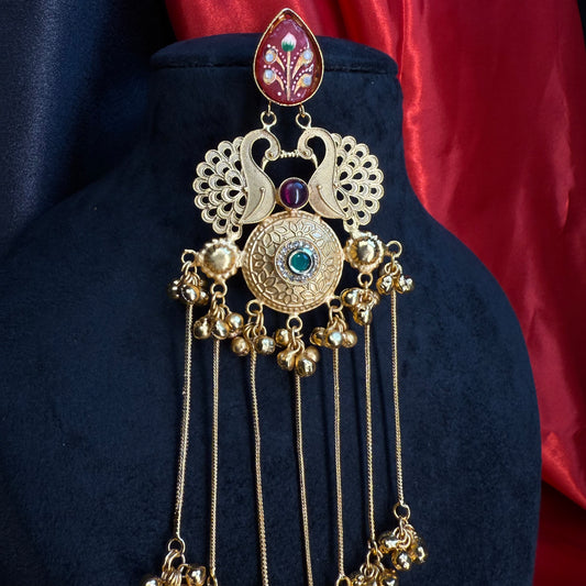 Kashmiri Royal Peacock Long Earrings Maroon