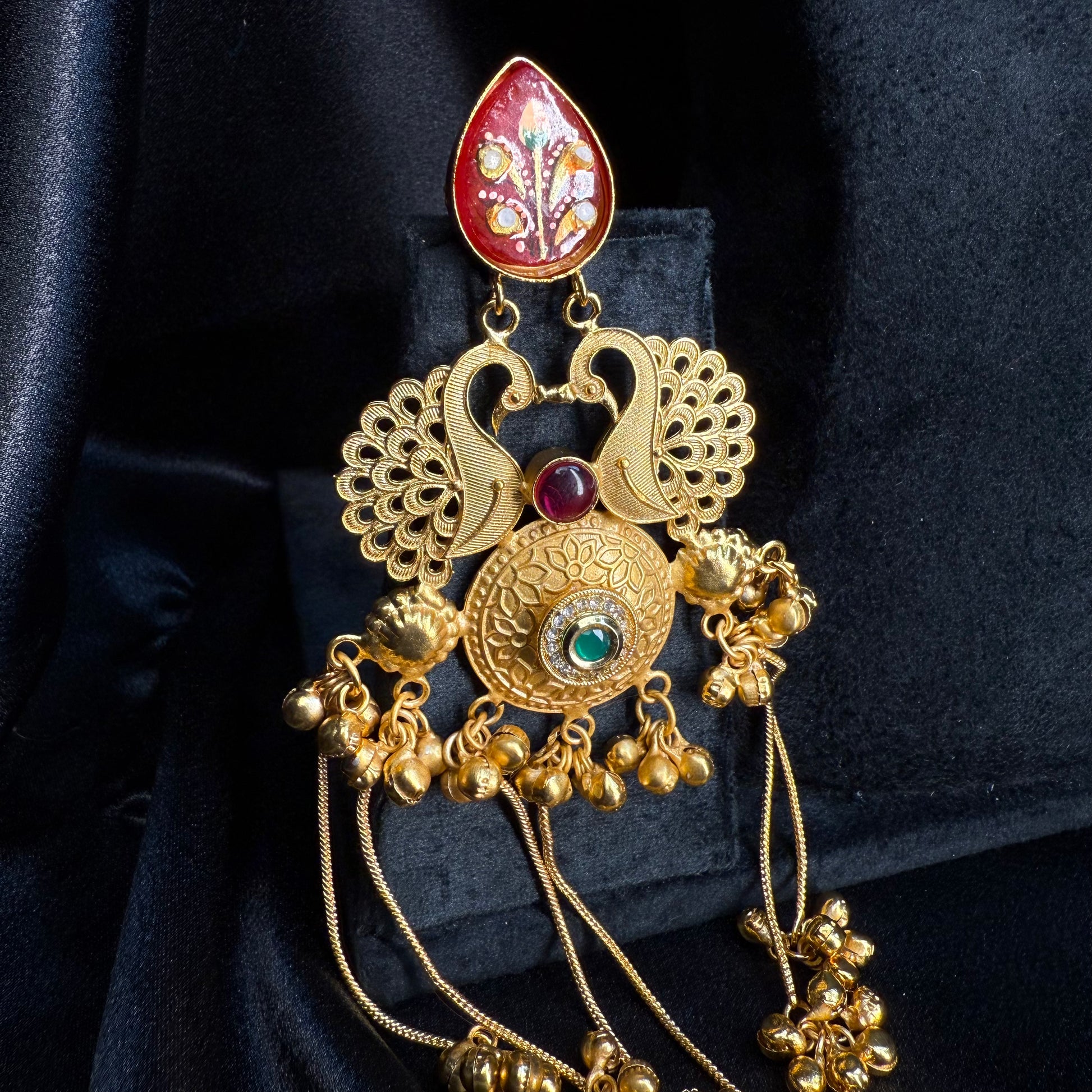 Kashmiri Royal Peacock Long Earrings Maroon