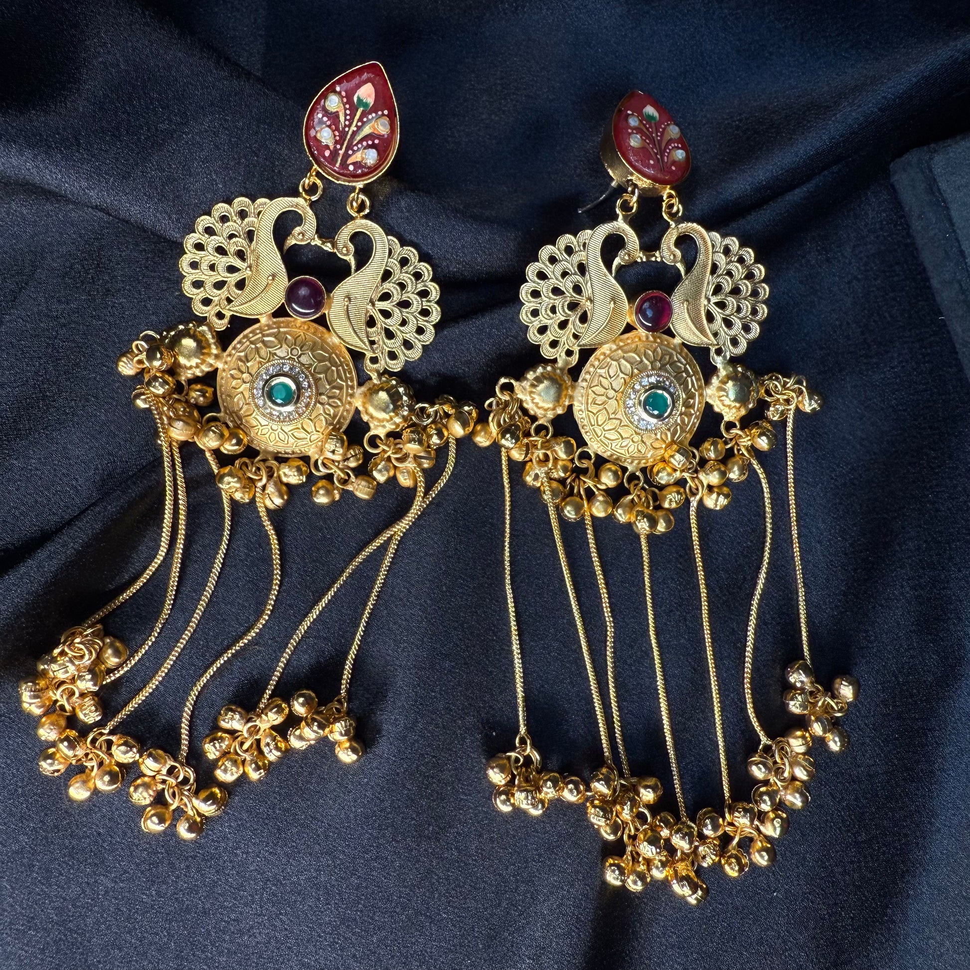 Kashmiri Royal Peacock Long Earrings Maroon