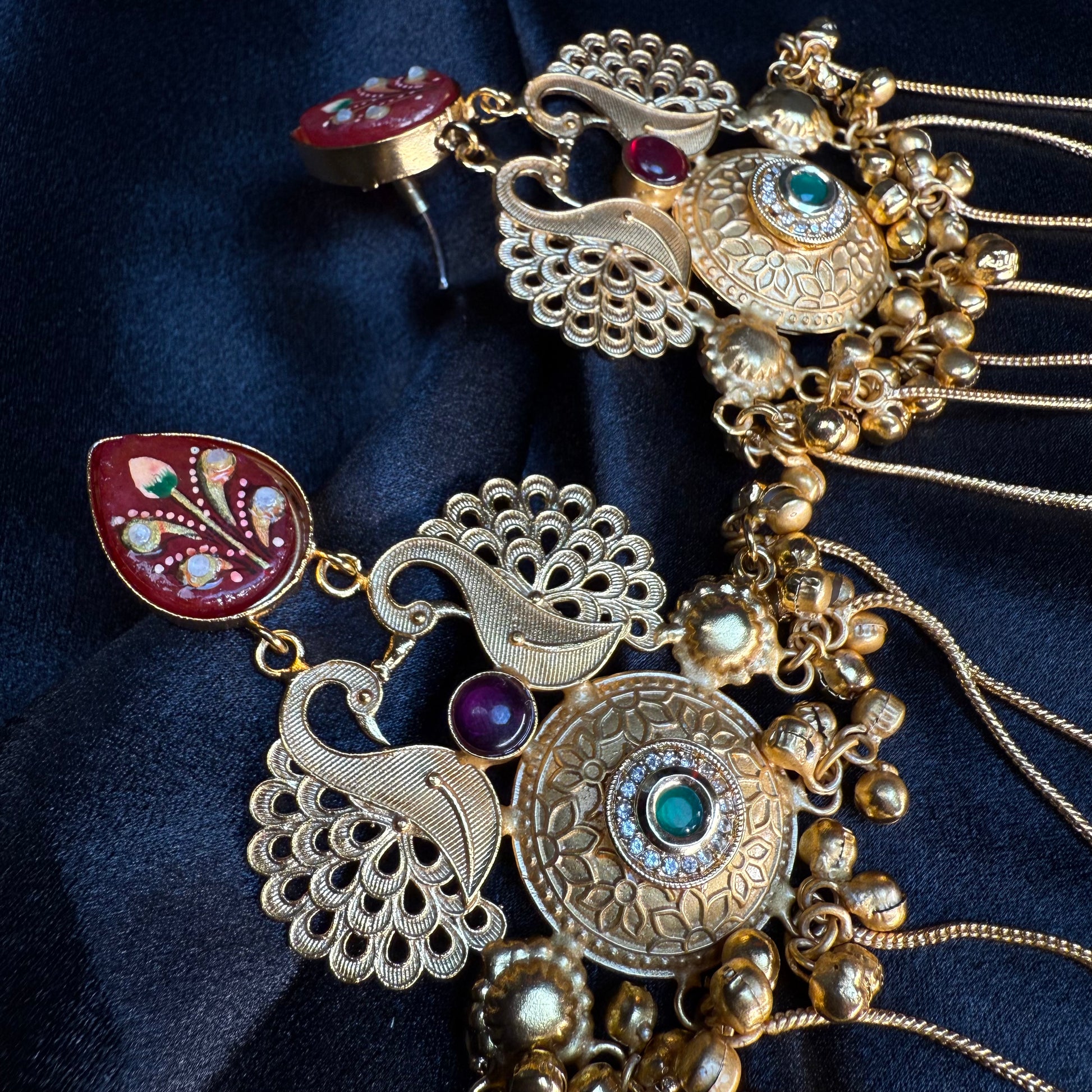 Kashmiri Royal Peacock Long Earrings Maroon